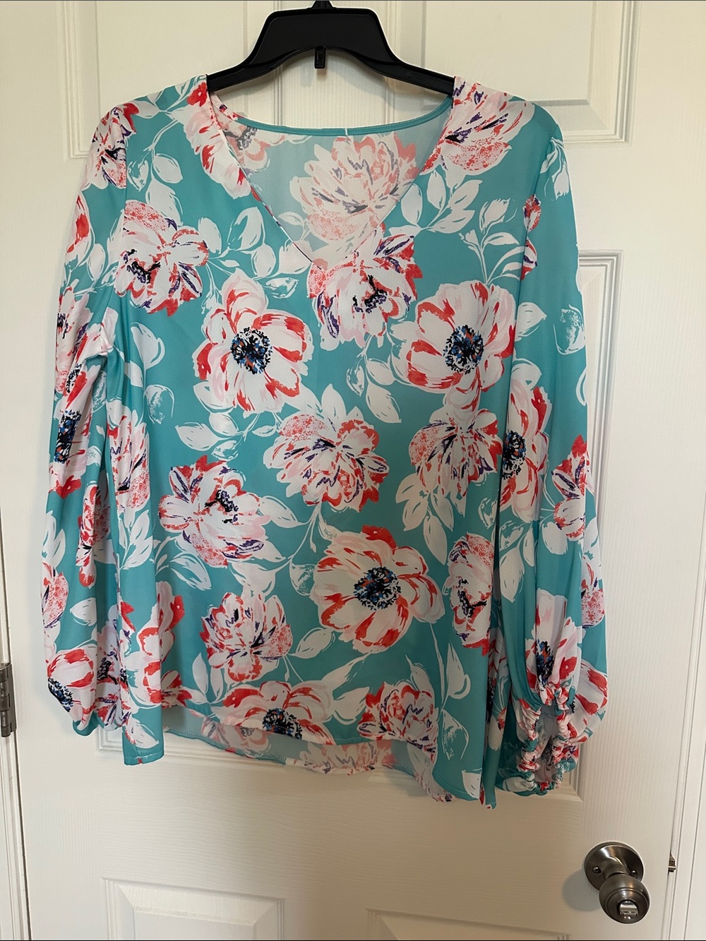 NWOT Floral V-Neck Long-Sleeve Blouse in Aqua